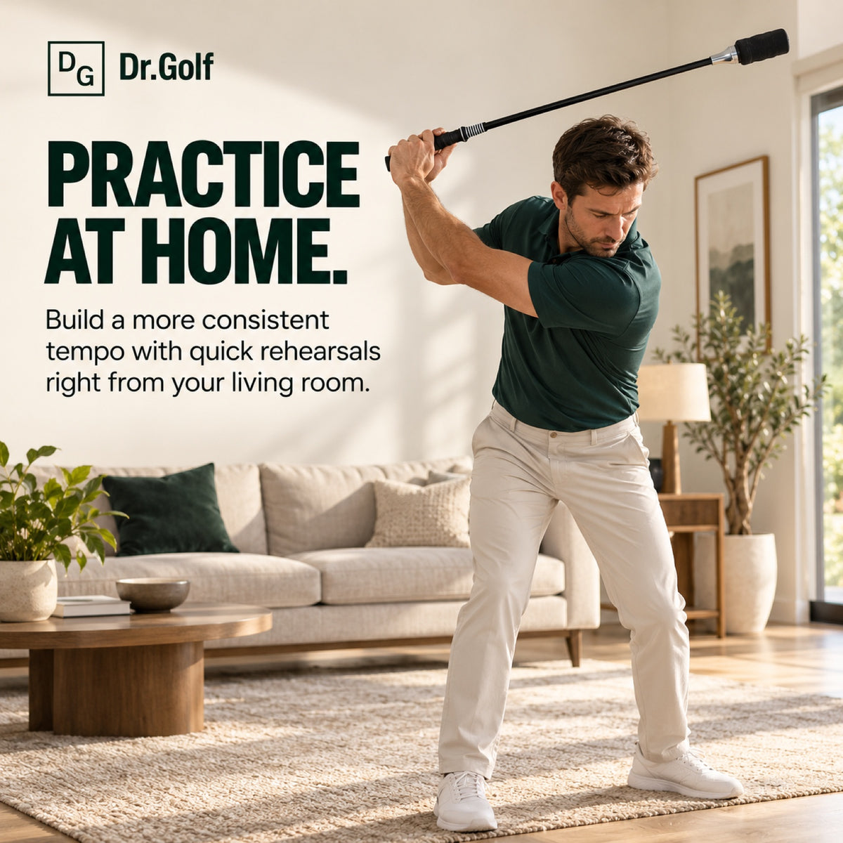 Golfer practising with the Tempo Swing Stick at home