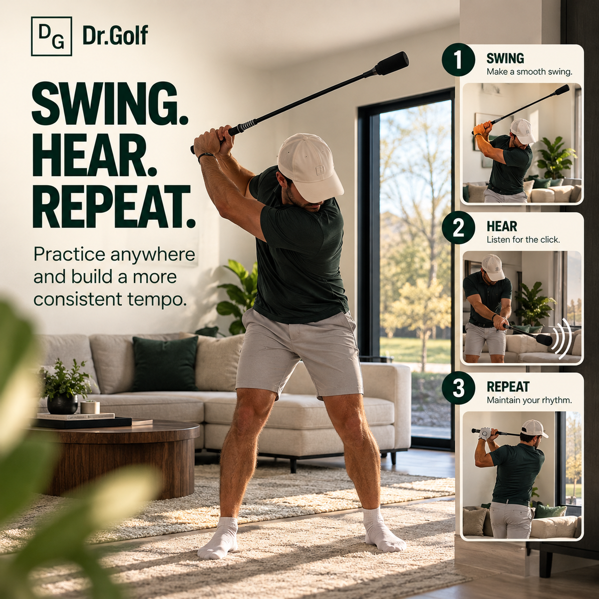 Dr.Golf swing practice sequence: Swing. Hear. Repeat. Make a smooth swing, listen for the click, maintain your rhythm.
