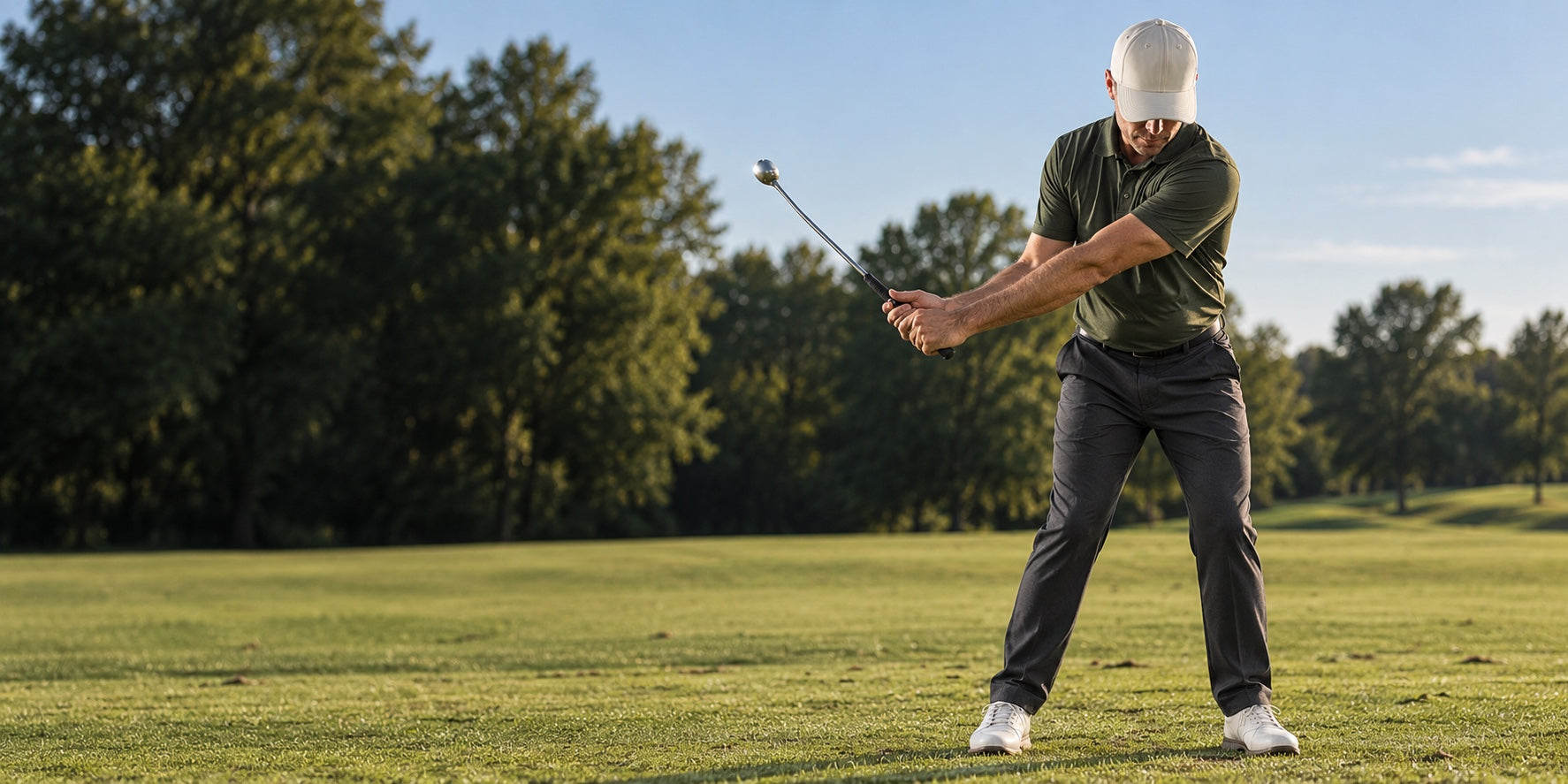 Golfer rehearsing the transition on the range
